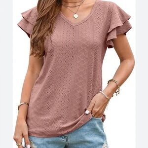 Women's V-Neck Eyelet Flutter Sleeve Top - Dusty Rose